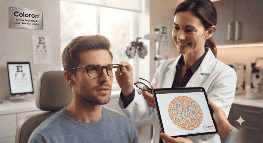 Colour vision deficiency screening with the Coloron AI test on an iPad in a UK optician practice.