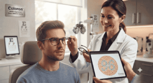 Colour vision deficiency screening with the Coloron AI test on an iPad in a UK optician practice.