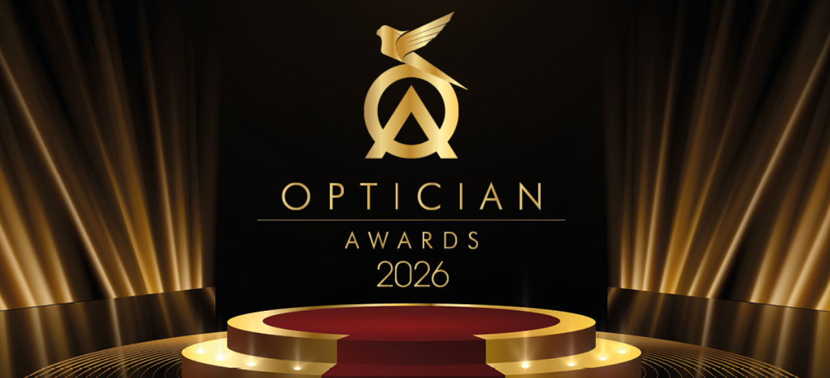 Optician Awards 2026 logo on a gold stage